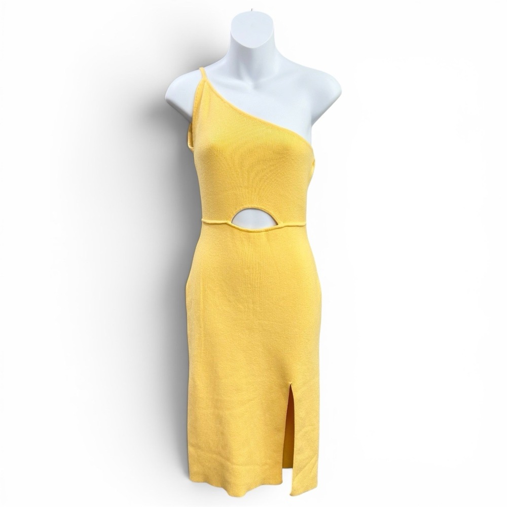 Saint + Secrets Yellow One Shoulder Cut Out Midi Dress Bodycon Soft Stretch Sz L
